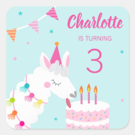 Whole Llama Fun Cake 3rd Birthday Aqua Vierkante Sticker