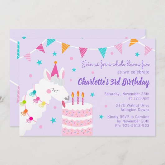 Whole Llama Fun Cake 3rd Birthday Paars Kaart (Voorkant / Achterkant)