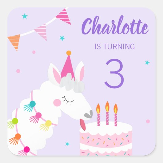 Whole Llama Fun Cake 3rd Birthday Paars Vierkante Sticker (Voorkant)