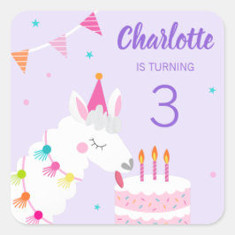 Whole Llama Fun Cake 3rd Birthday Paars Vierkante Sticker