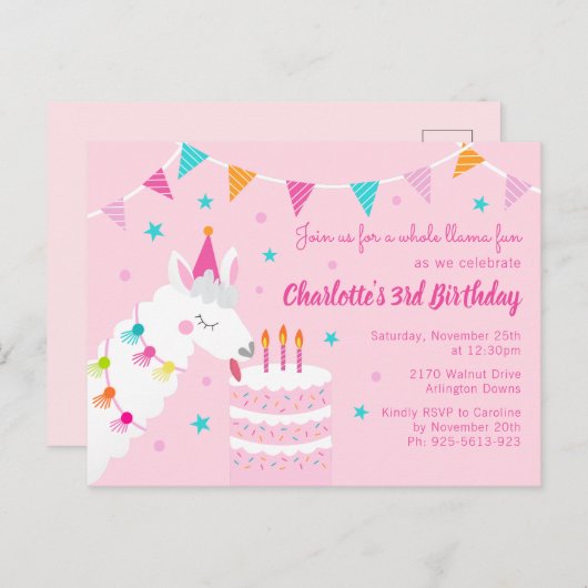 Whole Llama Fun Cake 3rd Birthday roze Uitnodiging Briefkaart (Voorkant / Achterkant)
