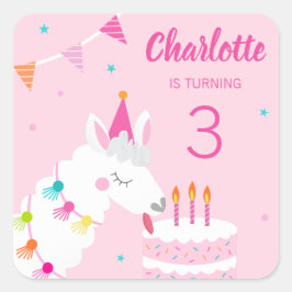 Whole Llama Fun Cake 3rd Birthday roze Vierkante Sticker