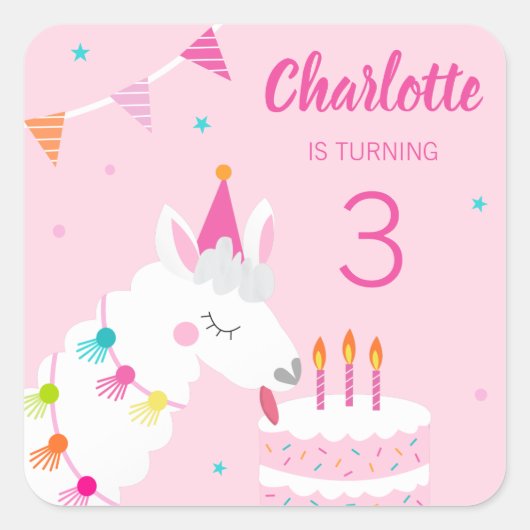 Whole Llama Fun Cake 3rd Birthday roze Vierkante Sticker (Voorkant)