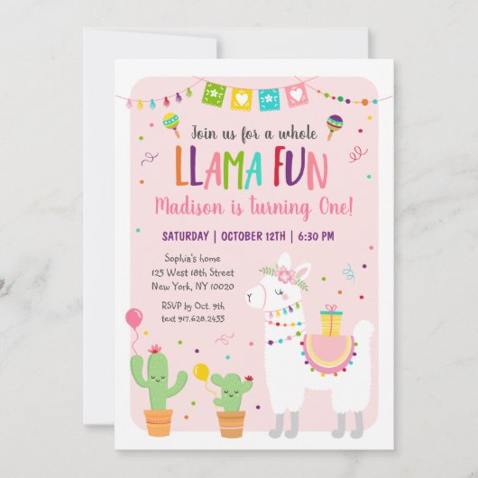 Whole Llama Fun Fiesta Cactus Birthday Invitation Kaart (Voorkant)