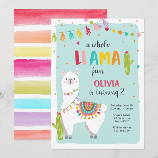Whole Llama Fun Fiesta Girl Birthday Invitation Kaart (Voorkant / Achterkant)