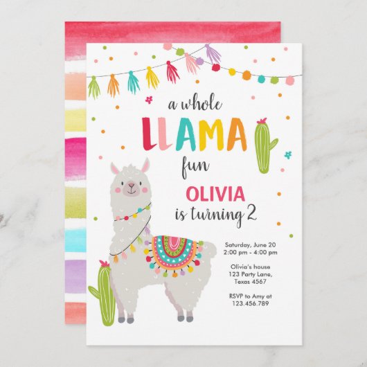 Whole Llama Fun Fiesta Girl Birthday Invitation Kaart (Voorkant / Achterkant)