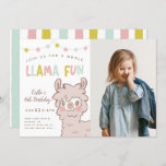 Whole Llama Fun Kids Birthday Party Photo Kaart<br><div class="desc">Cute llama theme kid's birthday party uitnoation template card featuring a cartoon style style illustration of a fluffy llama with pink cheeks. There is colorful string lights at the top with a script text that says "Join us for a whole llama fun". Perfect for a girl's birthday party. You can...</div>