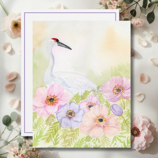 Whooping Crane with Pastel Anemones Notitiekaartje