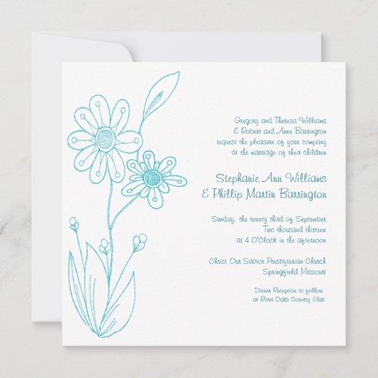 Whoopsie Daisy Simple Flowers Aqua Blue Wedding Kaart (Voorkant)