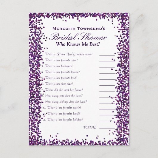 Who's Know's Me-spel | Paarse Confetti Briefkaart (Voorkant)