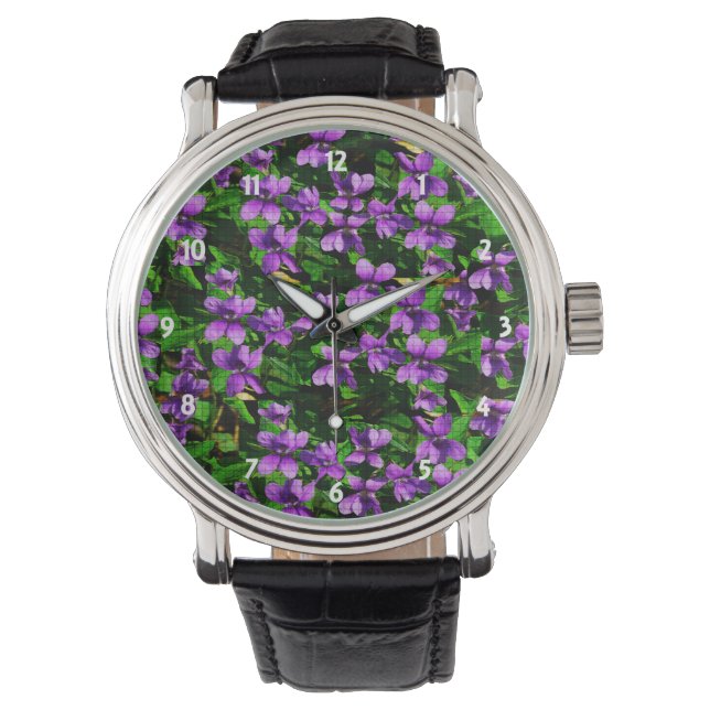 WI State Flower Wood Violet Mosaic Patroon Horloge (Voorkant)
