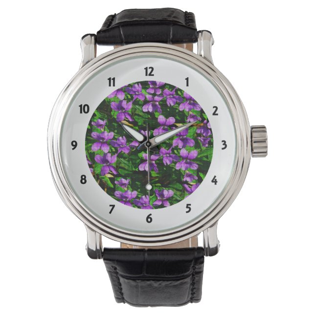 WI State Flower Wood Violet Mosaic Patroon Horloge (Voorkant)