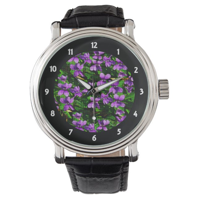 WI State Flower Wood Violet Mosaic Patroon Horloge (Voorkant)