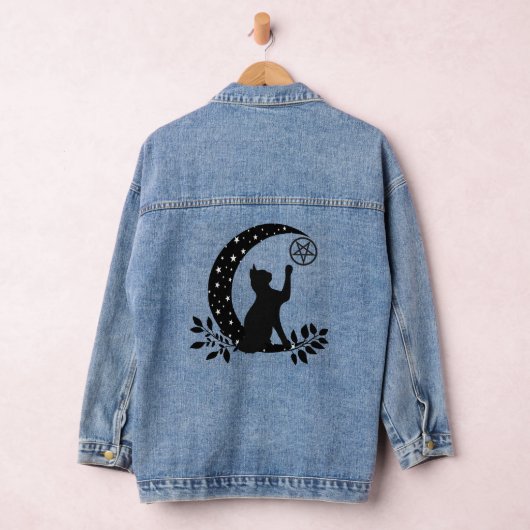 Wicca Black Crescent Moon Cat Pentacle en Sterren Denim Jacket (Hangar)