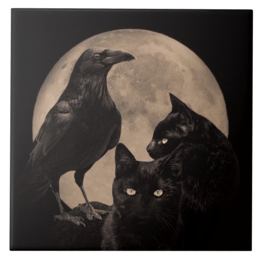 Wicca Cat, Raven en Moon Tegeltje (Voorkant)