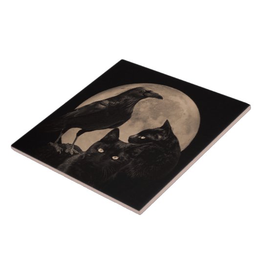 Wicca Cat, Raven en Moon  Tegeltje (Zijkant)