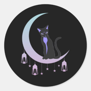 Wicca Crescent Moon Mystical Cat Pastel Gothic Ronde Sticker