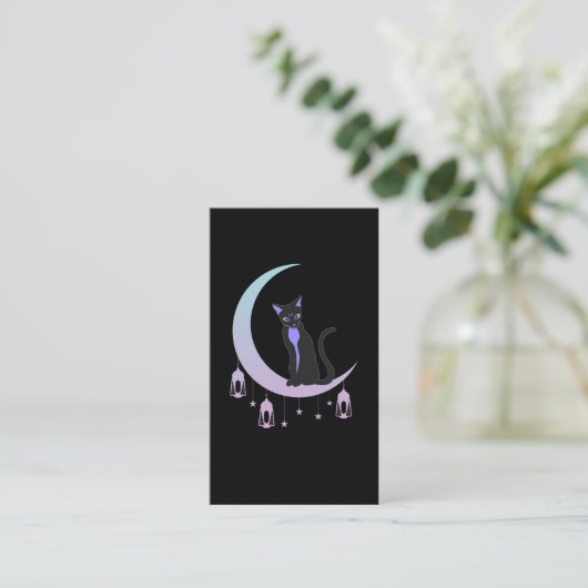 Wicca Crescent Moon Mystical Cat Pastel Gothic Visitekaartje (Staand voorkant)