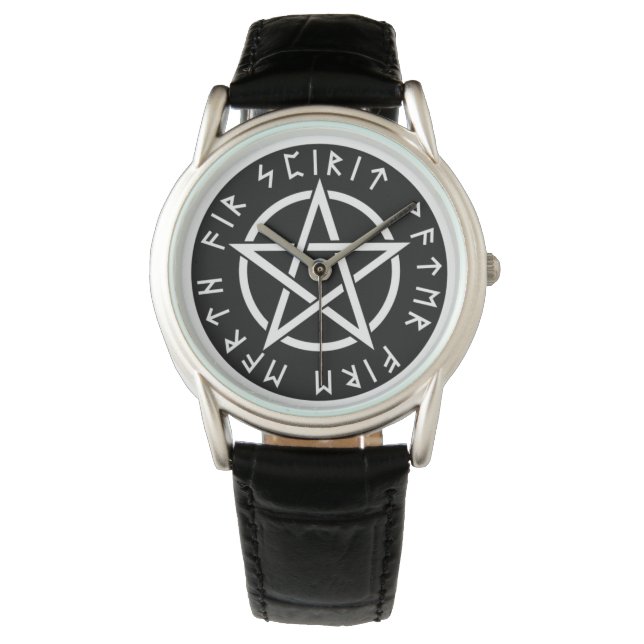 Wiccan Black Runic Pentagram Horloge (Voorkant)