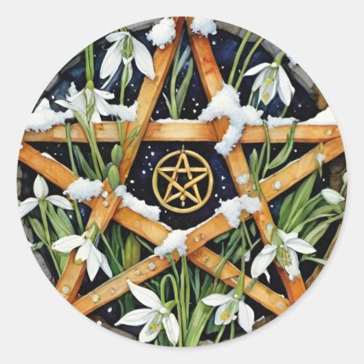 Wiccan Imbolc Candlemas Snowrops Pentacle Ronde Sticker (Voorkant)
