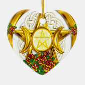 Wiccan Pagan Pentacle Gold met Rozen Keramisch Ornament (Voorkant)