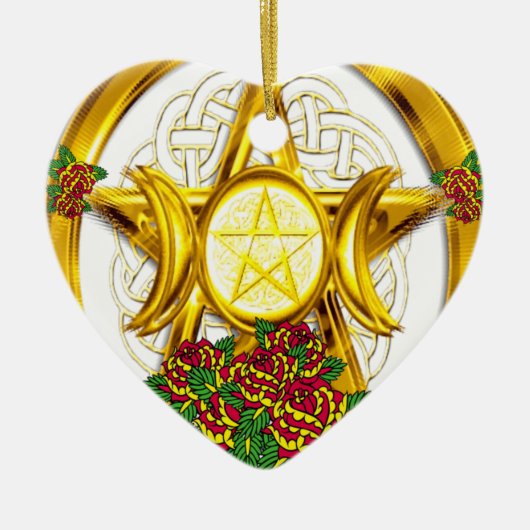 Wiccan Pagan Pentacle Gold met Rozen Keramisch Ornament (Voorkant)