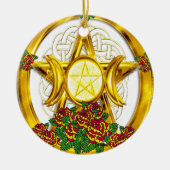 Wiccan Pagan Pentacle Gold met Rozen Keramisch Ornament (Voorkant)