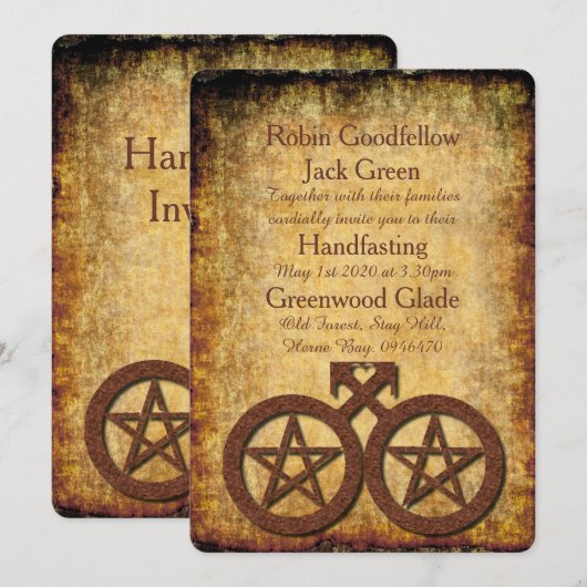 Wiccan Rustic Gay Handfasting Uitnodiging Pentakel (Voorkant / Achterkant)