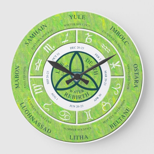 wiccan wheel of the year clock look green grote klok (Voorkant)