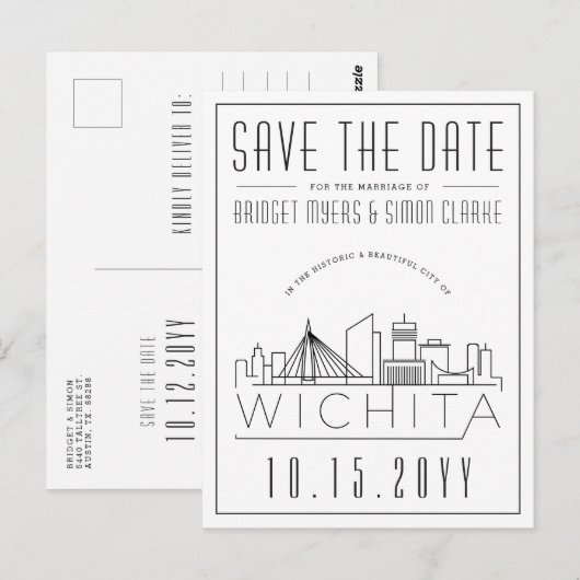 Wichita Bruiloft | Gestileerde skyline De datum op Briefkaart (Voorkant / Achterkant)