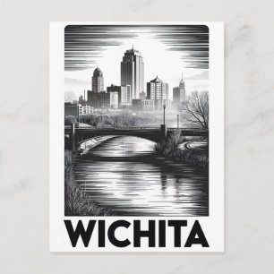 Wichita Kansas Silhouette Zwart Wit Houtsnede Feestdagenkaart