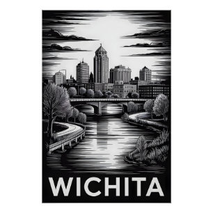 Wichita Kansas Silhouette Zwart Wit Houtsnede Perfect Poster