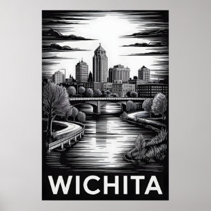 Wichita Kansas Silhouette Zwart Wit Houtsnede Poster