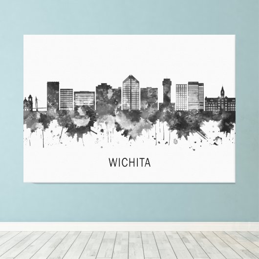 Wichita Kansas Skyline BW Canvas Afdruk (Insitu (Houten vloer))