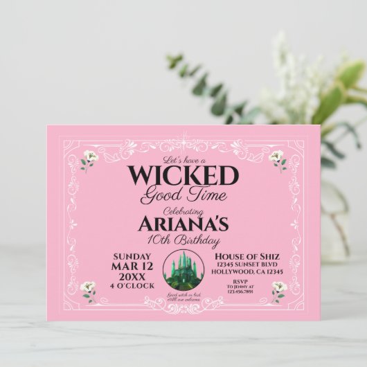 Wicked Good Time Roze verjaardagsfeestje uitnodigi Kaart (Staand voorkant)