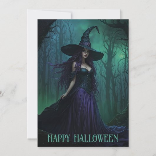 Wicked Halloween Witch in Paarse en zwarte kleuren Feestdagenkaart (Voorkant)