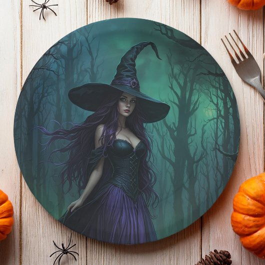 Wicked Halloween Witch in Paarse en zwarte kleuren Papieren Bordje