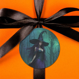Wicked Halloween Witch in Paarse en zwarte kleuren Ronde Sticker