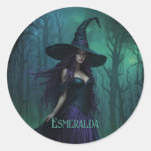 Wicked Halloween Witch in Paarse en zwarte naam Ronde Sticker (Voorkant)