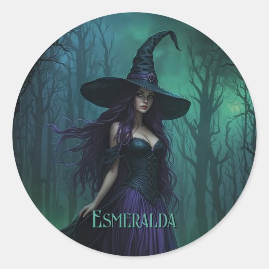Wicked Halloween Witch in Paarse en zwarte naam Ronde Sticker (Voorkant)