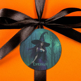 Wicked Halloween Witch in Paarse en zwarte naam Ronde Sticker