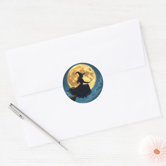 Wicked Halloween | Witch on Broom with Full Moon Ronde Sticker (Envelop)