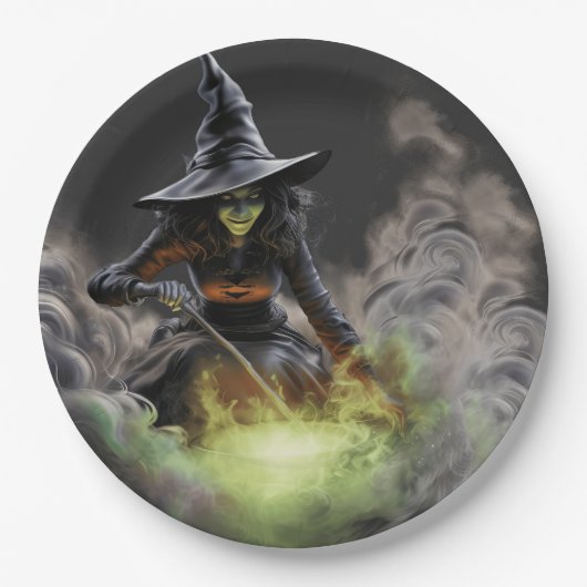 Wicked Halloween Witch roeren kokende ketel Papieren Bordje (Voorkant)