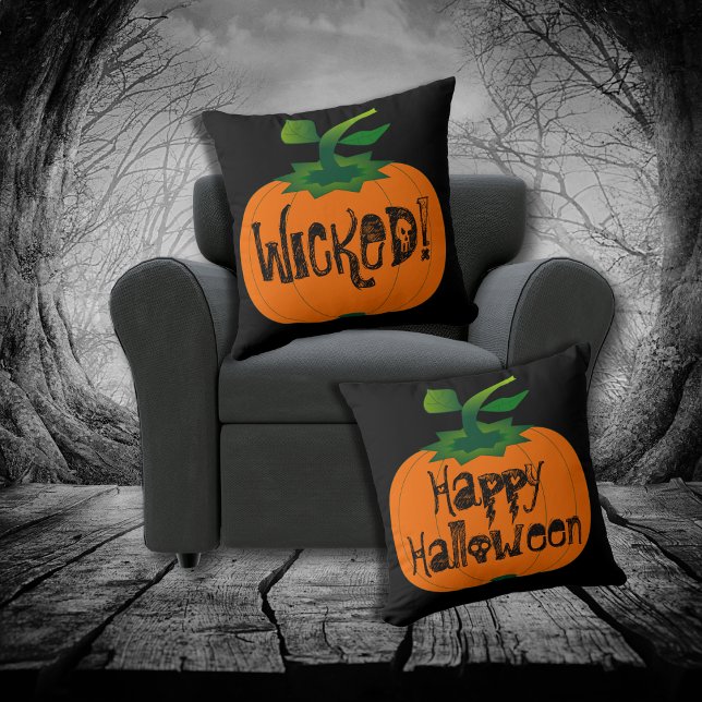 Wicked Happy Halloween Zwart Sinaasappel Pompoen Kussen (Creator heeft geüpload)