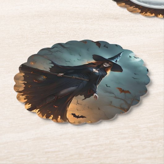Wicked Night: Enge Halloween-heks en haar vleermui Kartonnen Onderzetters (Gekanteld)