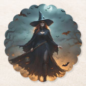 Wicked Night: Enge Halloween-heks en haar vleermui Kartonnen Onderzetters (Voorkant)