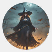Wicked Night: Enge Halloween-heks en haar vleermui Ronde Sticker (Voorkant)