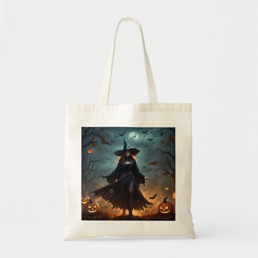 Wicked Night: Enge Halloween-heks en haar vleermui Tote Bag (Voorkant)