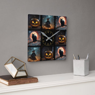Wicked Night: Enge Halloween-heks en haar vleermui Vierkante Klok