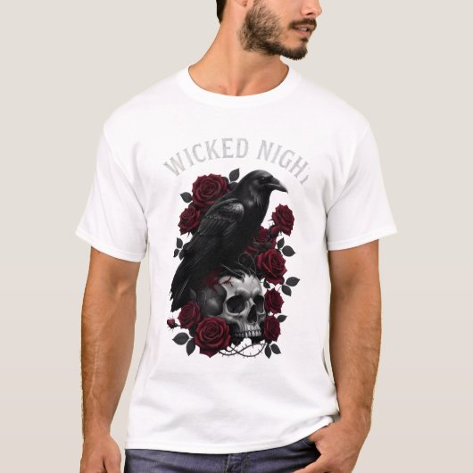 Wicked Night Raven & Skull Gothic Halloween T-Shir T-shirt (Voorkant)